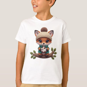 Cute Crochet Autumn Fox with Cookie – Fall Art T-Shirt