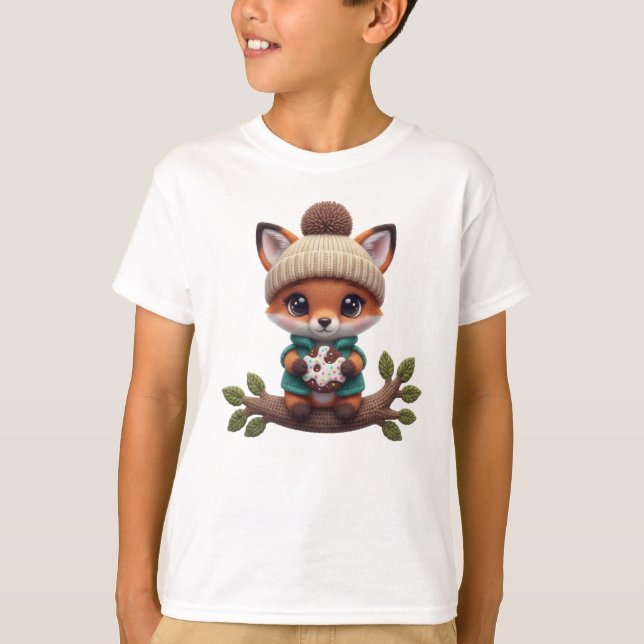Cute Crochet Autumn Fox with Cookie – Fall Art T-Shirt (Front)