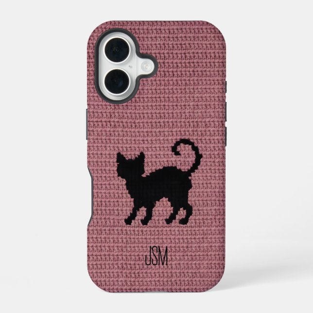 Cute Crochet Black Cat Custom Initials Monogram   Iphone Case (Back)
