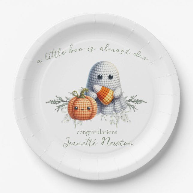 Cute Crochet Ghost Halloween Baby Shower Paper Plates (Front)