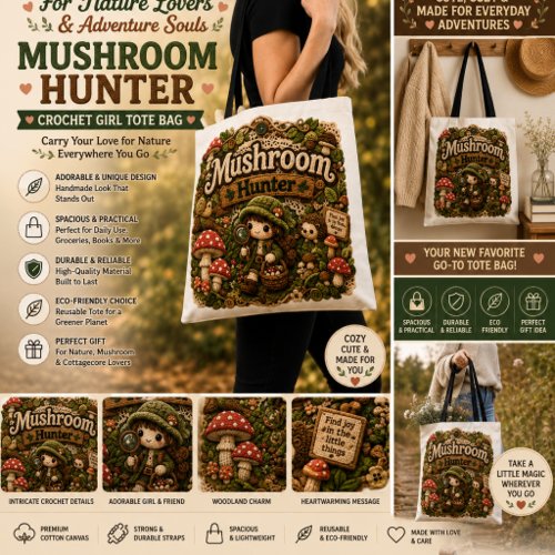 Cute Crochet Girl Searching for Mushrooms Cottagec Tote Bag