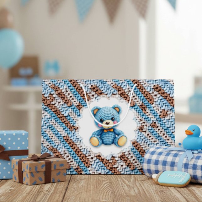 Cute Crochet Teddy Bear Blue and Brown Large Gift Bag (Creator Uploaded)