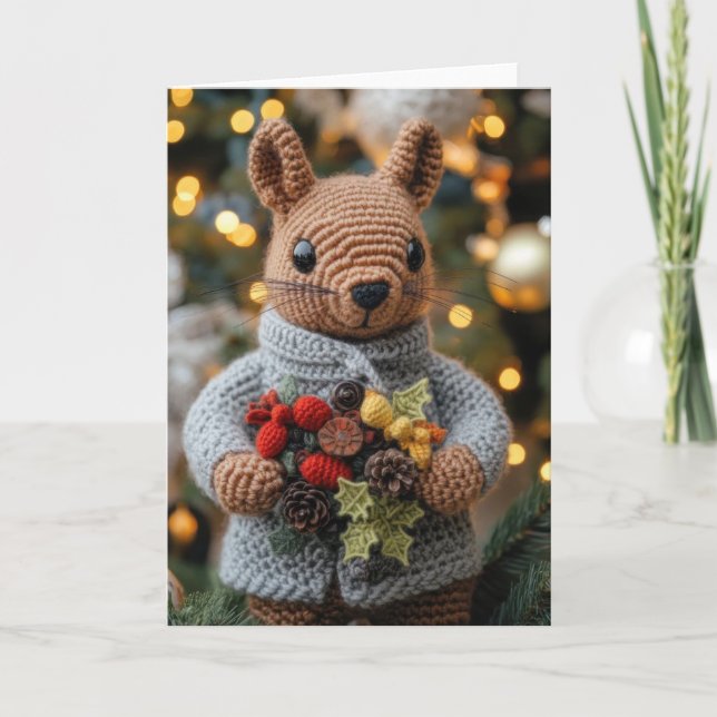 Cute Crocheted Christmas Squirrel Holiday Card (Front)