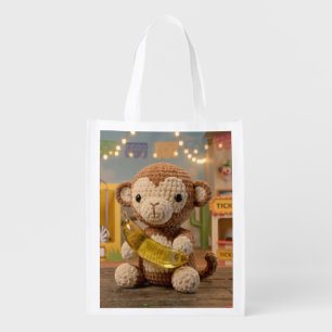 Cute Crocheted Monkey Holding a Banana at the Zoo Grocery Bag