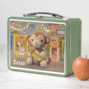 Cute Crocheted Monkey Holding a Banana at the Zoo Metal Lunch Box