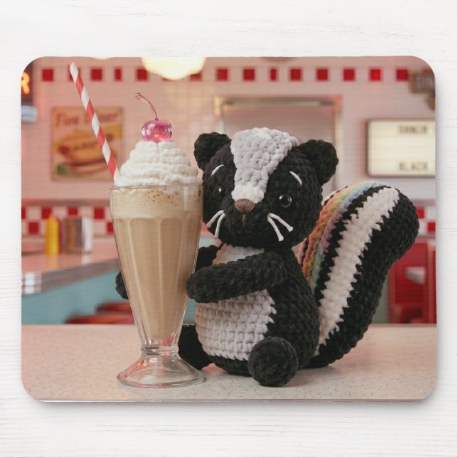 Cute Crocheted Skunk at Retro Diner Mouse Pad (Front)