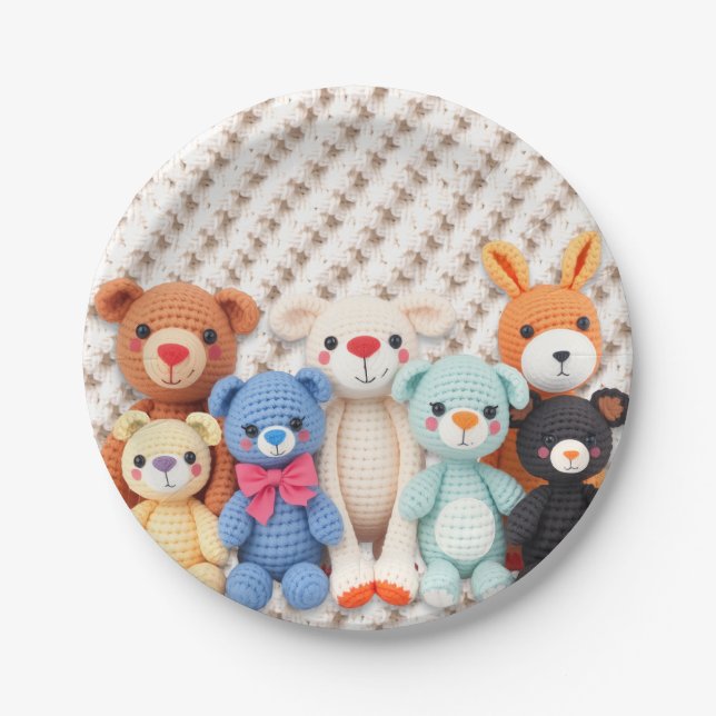 Cute Crocheted Stuffed Animals Boy's Baby Shower Paper Plates (Front)