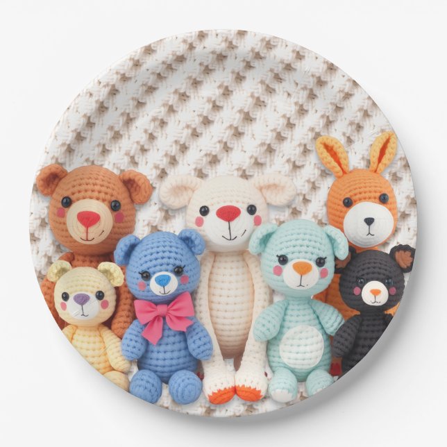 Cute Crocheted Stuffed Animals Boy's Baby Shower Paper Plates (Front)