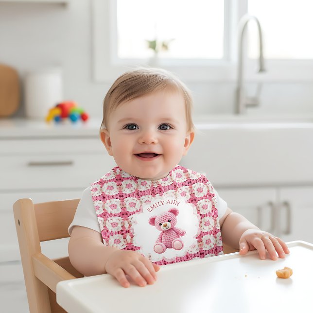 Cute Crocheted Teddy Bear Girl's Baby Shower Bib (Creator Uploaded)