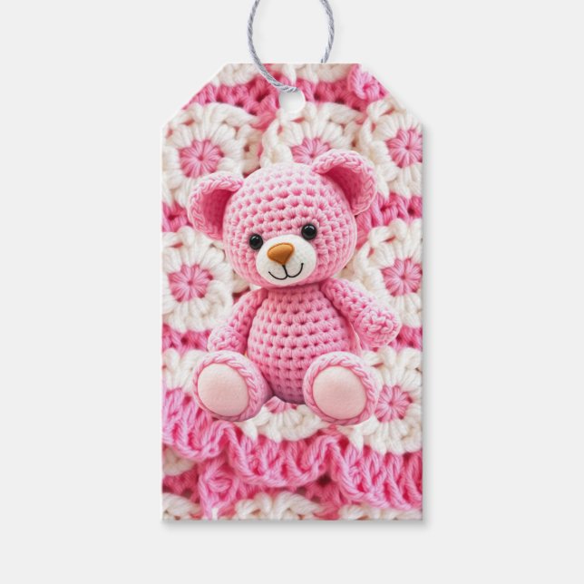 Cute Crocheted Teddy Bear Girl's Baby Shower Gift Tags (Front)