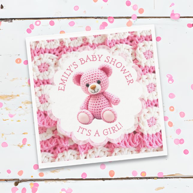 Cute Crocheted Teddy Bear Girl's Baby Shower Napkins (Creator Uploaded)