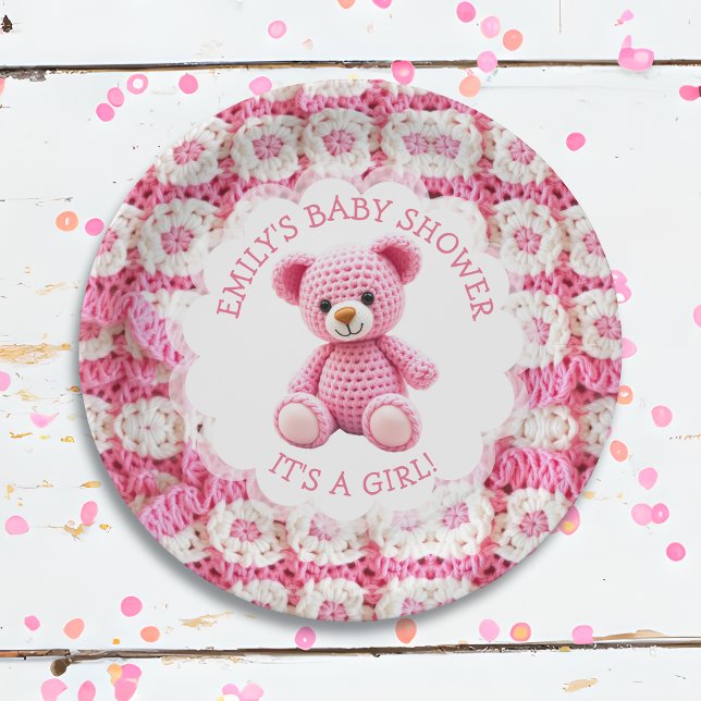 Cute Crocheted Teddy Bear Girl's Baby Shower Paper Plates (Creator Uploaded)