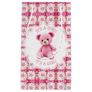 Cute Crocheted Teddy Bear Girl's Baby Shower Small Gift Bag