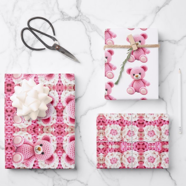 Cute Crocheted Teddy Bear Girl's Baby Shower Wrapping Paper Sheets (Front)