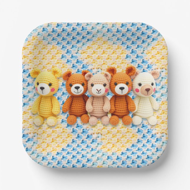 Cute Crocheted Teddy Bears Boy's Baby Shower Paper Plates (Front)