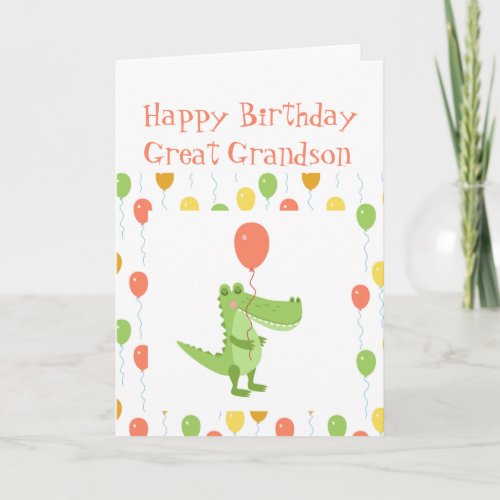 Cute Crocodile Animal Great Grandson Kids Birthday Card