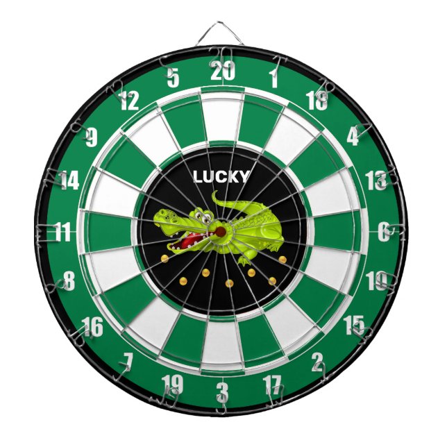 Cute Crocodile & Gold Coins on Black Green & White Dart Board (Front)