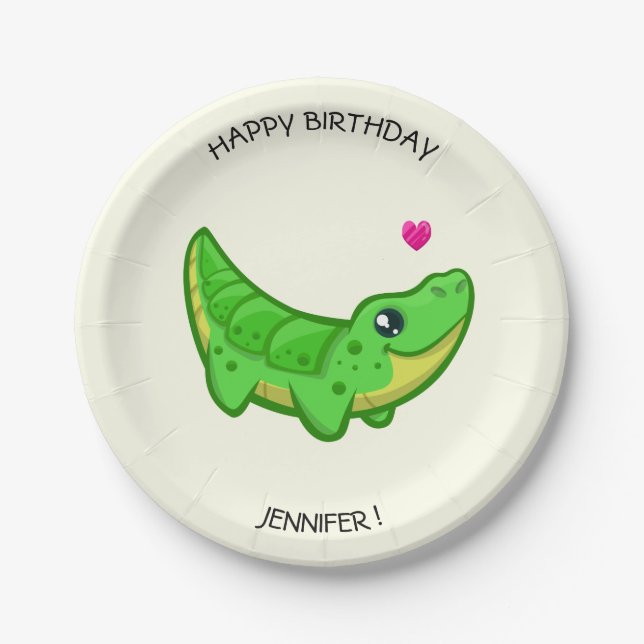 Cute crocodile kawaii cartoon girls name birthday paper plates (Front)