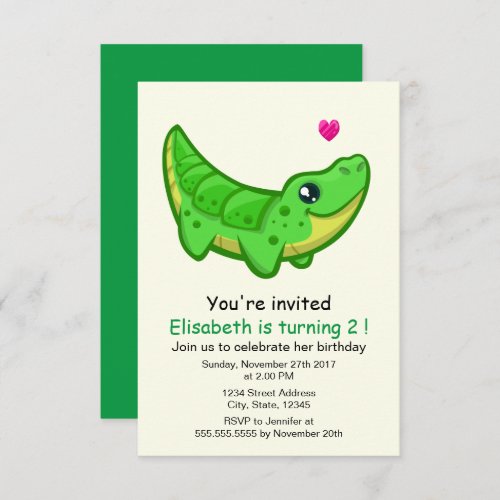 Cute crocodile kawaii cartoon kids birthday party invitation