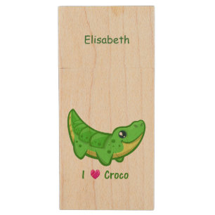 Cute crocodile love kawaii cartoon kids wood flash drive