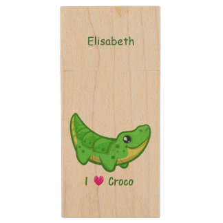 Cute crocodile love kawaii cartoon kids wood flash drive