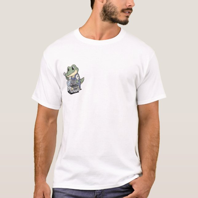 Cute Crocodile Mechanic Repairing Car Cartoon T-Shirt (Front)