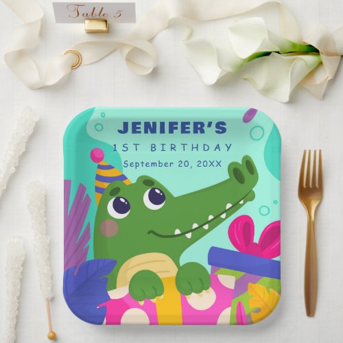 Cute Crocodile Safari Gender Neutral 1st Birthday Paper Plates