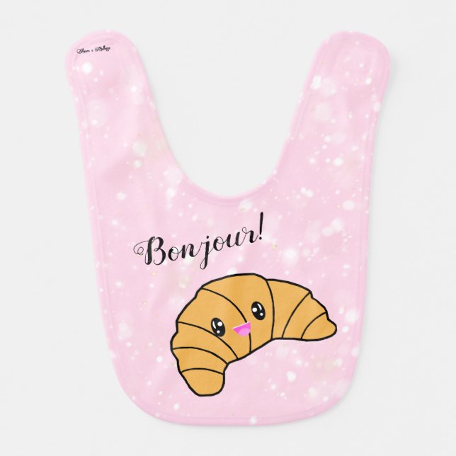 Cute Croissant Bonjour Paris Bakery Foodie Pink Baby Bib (Front)