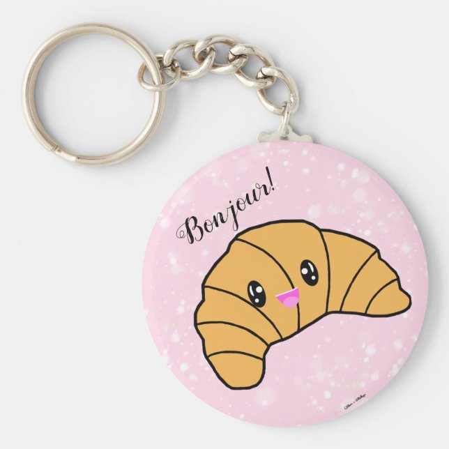 Cute Croissant Kawaii France Bread Bonjour! Pink Keychain (Front)