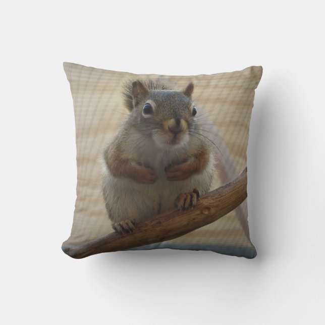 Cute Crouching Squirrel on Branch Throw Pillow (Front)
