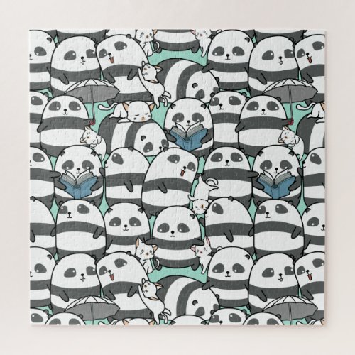 Cute Crowd of Panda Bears with Cats Reading Jigsaw Puzzle
