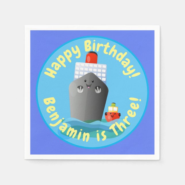 Cute cruise ship tug boat cartoon illustration napkins (Front)