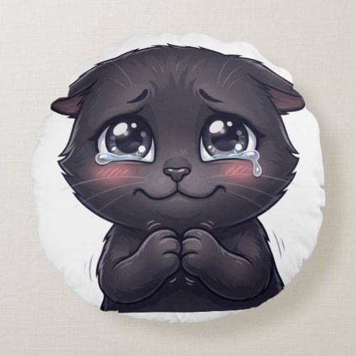 Cute Crying Black Cat Begging Canvas Wall Art Round Pillow