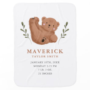 Cute Cub Bear Boy Birth Stats Baby Blanket