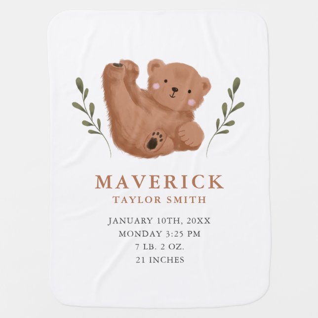Cute Cub Bear Boy Birth Stats Baby Blanket (Front)