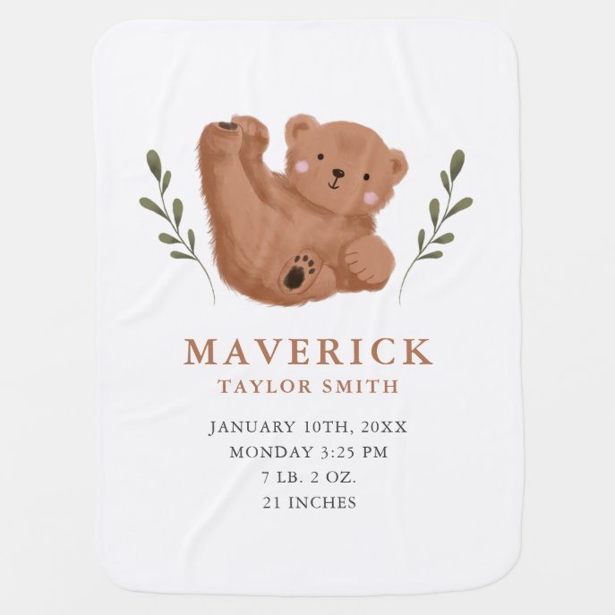 Cute Cub Bear Boy Birth Stats Baby Blanket