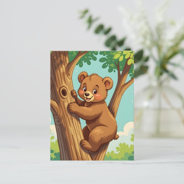 Cute cub bear climbing a tree postcard (Standing Front)