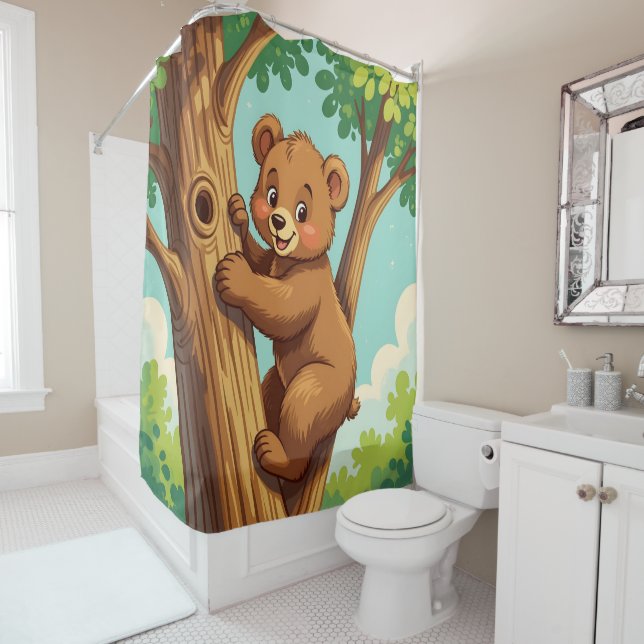 Cute cub bear climbing a tree shower curtain (In Situ)