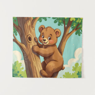 Cute cub bear climbing a tree tapestry
