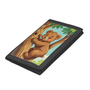 Cute cub bear climbing a tree tri-fold wallet