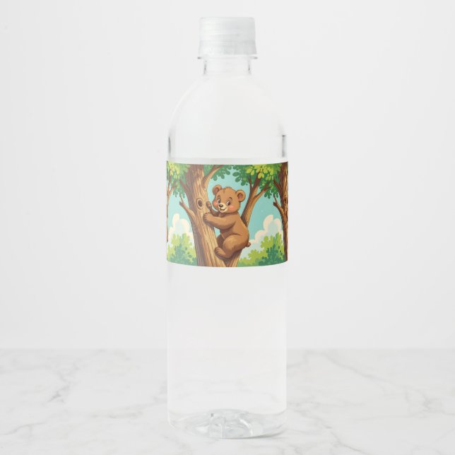 Cute cub bear climbing a tree water bottle label (Front)