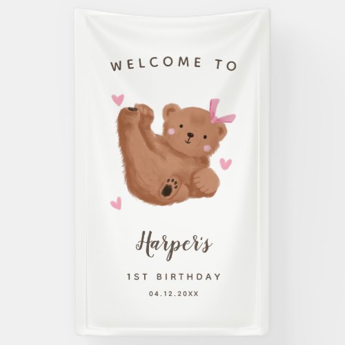 Cute Cub Bear Girl Birthday Party Welcome  Banner