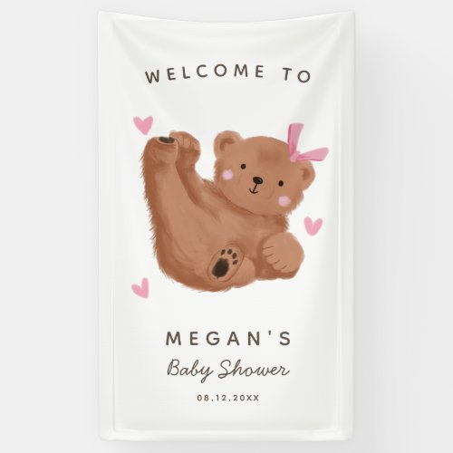 Cute Cub Bear Pink Baby Shower Welcome Banner