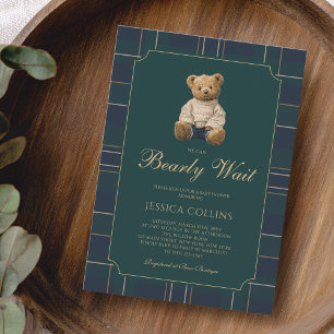Cute Cub Blue Green We Can Bearly Wait Baby Shower Invitation