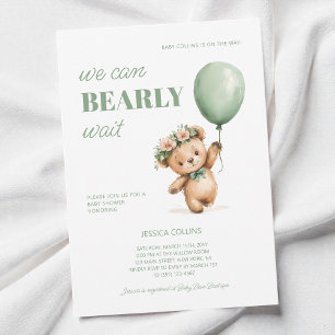 Cute Cub Sage Green We Can Bearly Wait Baby Shower Invitation