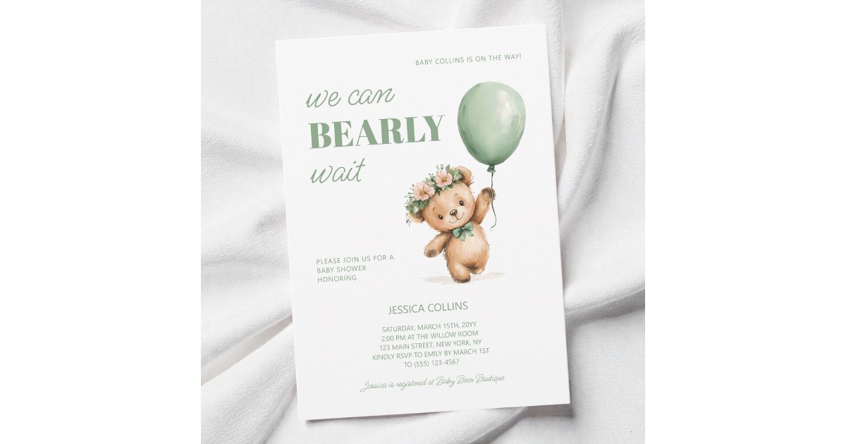 Cute Cub Sage Green We Can Bearly Wait Baby Shower Invitation | Zazzle
