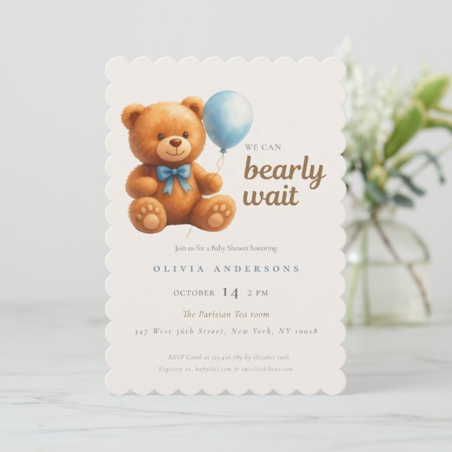 Cute Cub We can Bearly Wait Blue Baby Invitation (Standing Front)