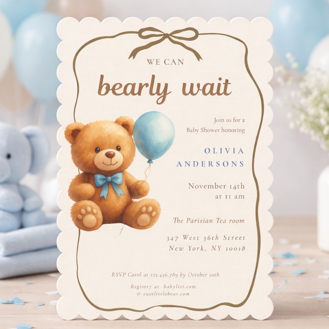 Cute Cub We can Bearly Wait Blue Baby Invitation (Creator Uploaded)