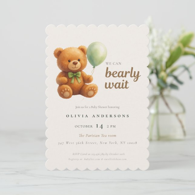 Cute Cub We can Bearly Wait Green Baby Invitation (Standing Front)