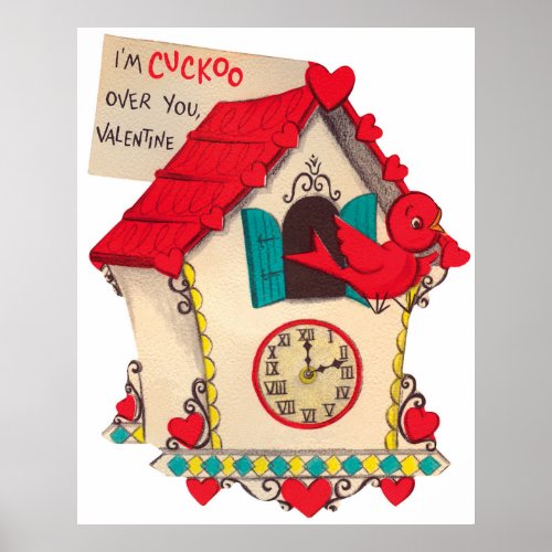 Cute cuckoo clock retro vintage Valentine Poster